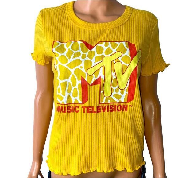 MTV Tops - Juniors' MTV T-Shirt Giraffe Print Graphic Baby Tee LARGE, Ochre/mustard yellow